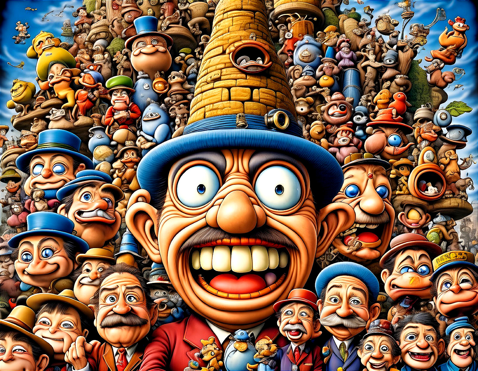 Vibrant Scene with Joyful Character and Quirky Figures