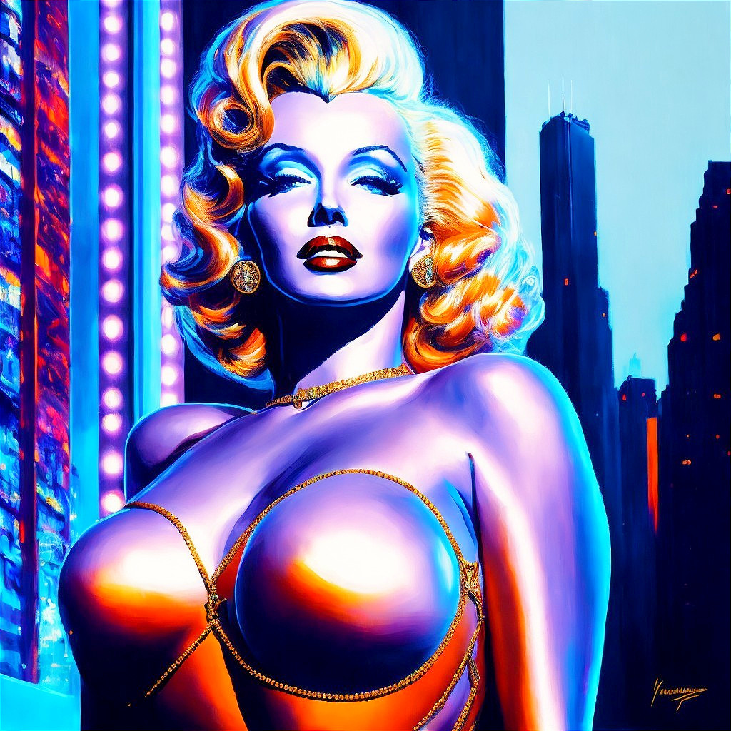 Blonde woman portrait with glamorous makeup and neon cityscape background