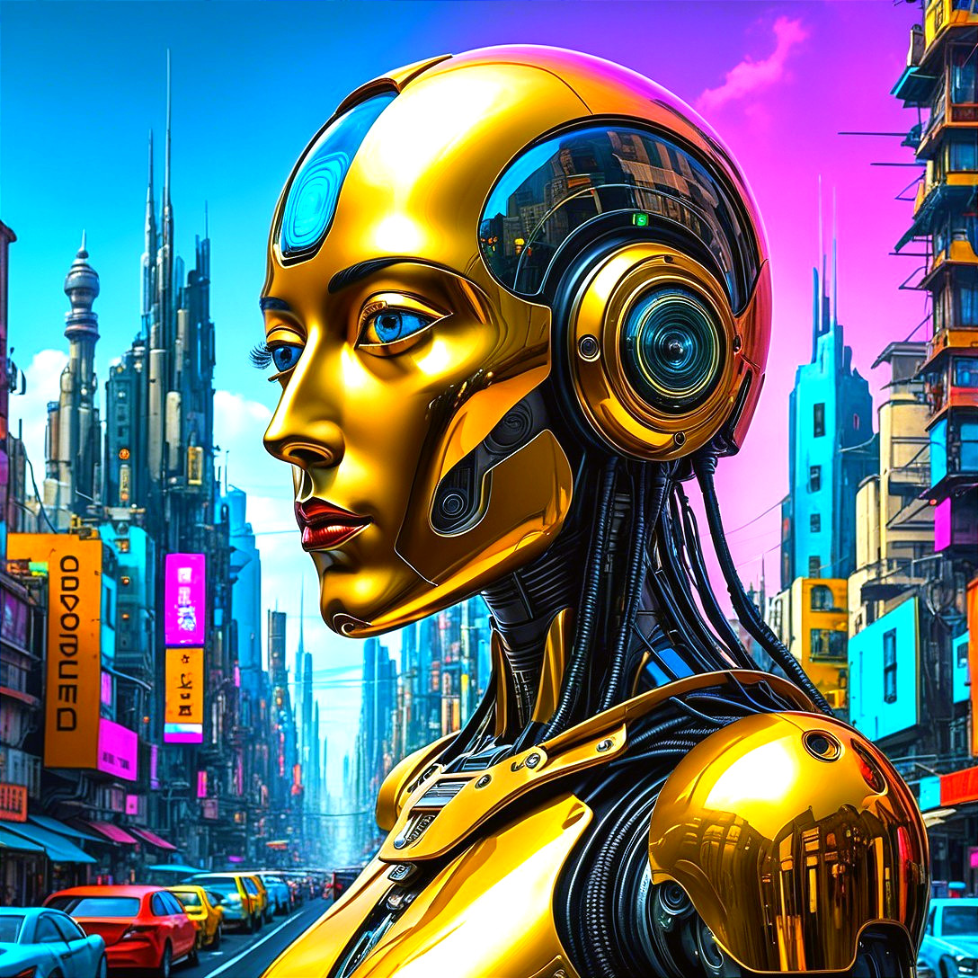 Futuristic Golden Robot in Vibrant Cityscape