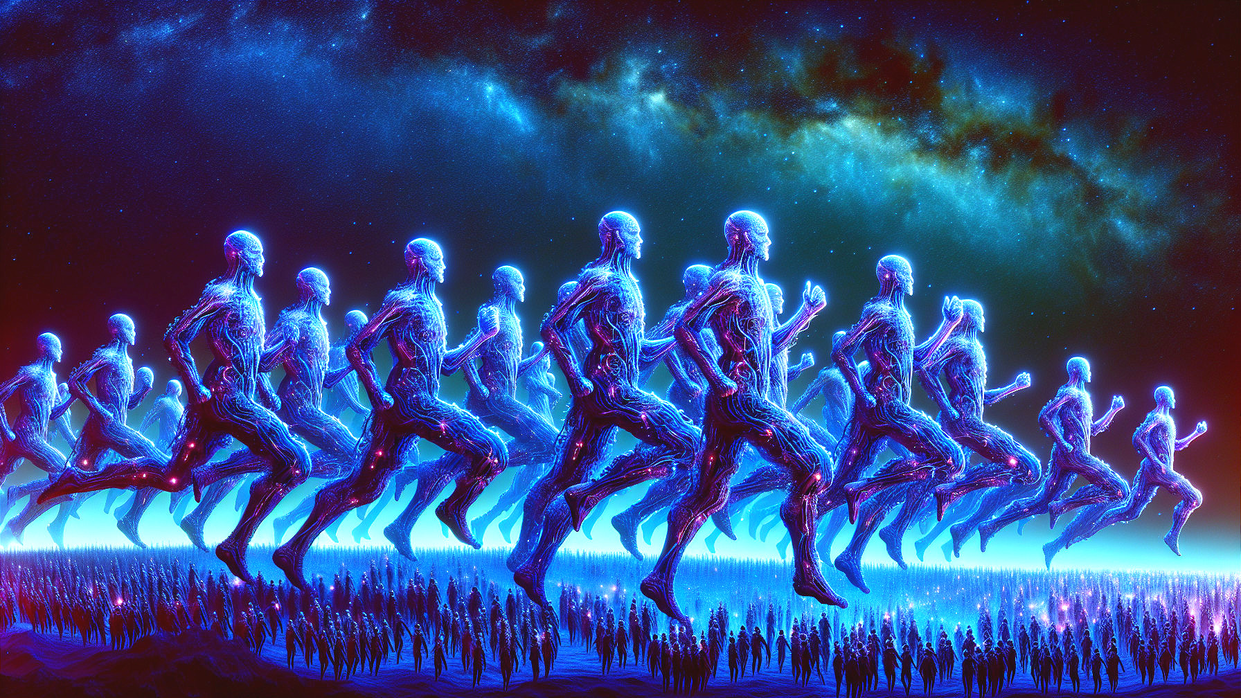 Futuristic scene with glowing humanoid figures in space