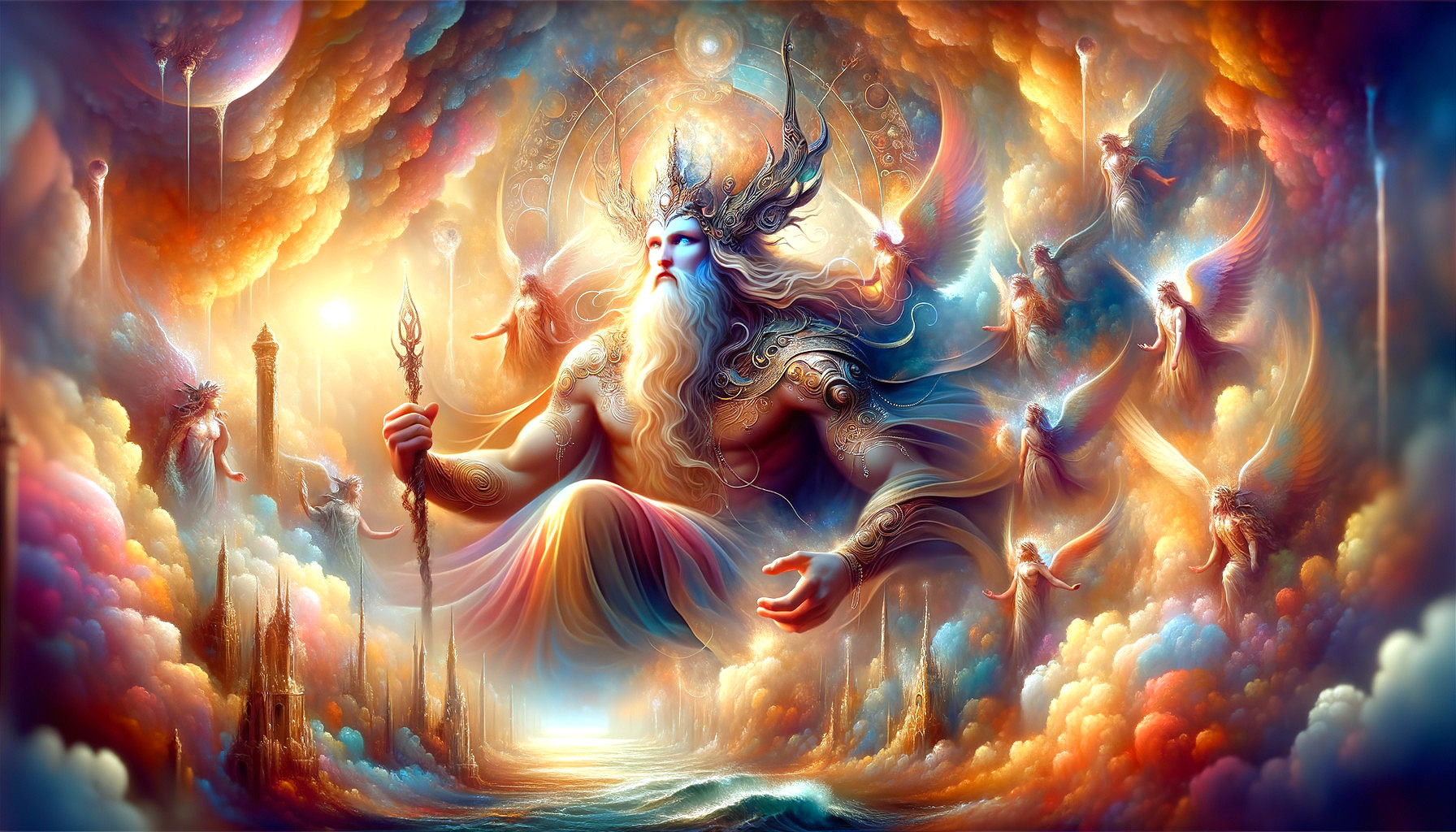 Majestic deity on clouds with angels in celestial scene