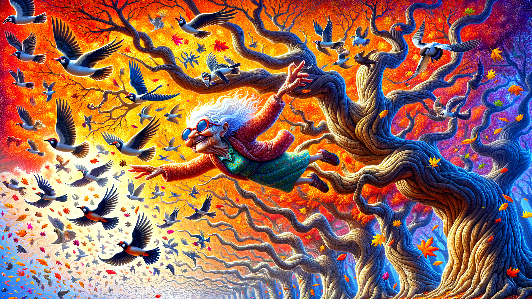 Elderly Woman Floating in Vibrant Autumn Landscape