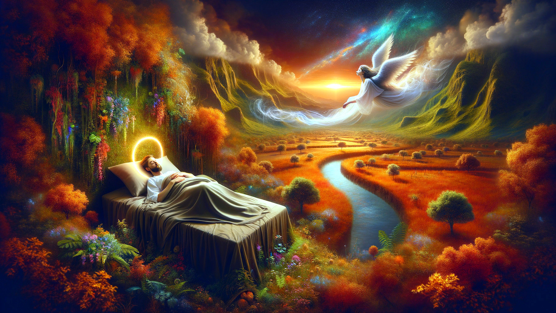 Serene Bed Scene with Angel and Vibrant Nature