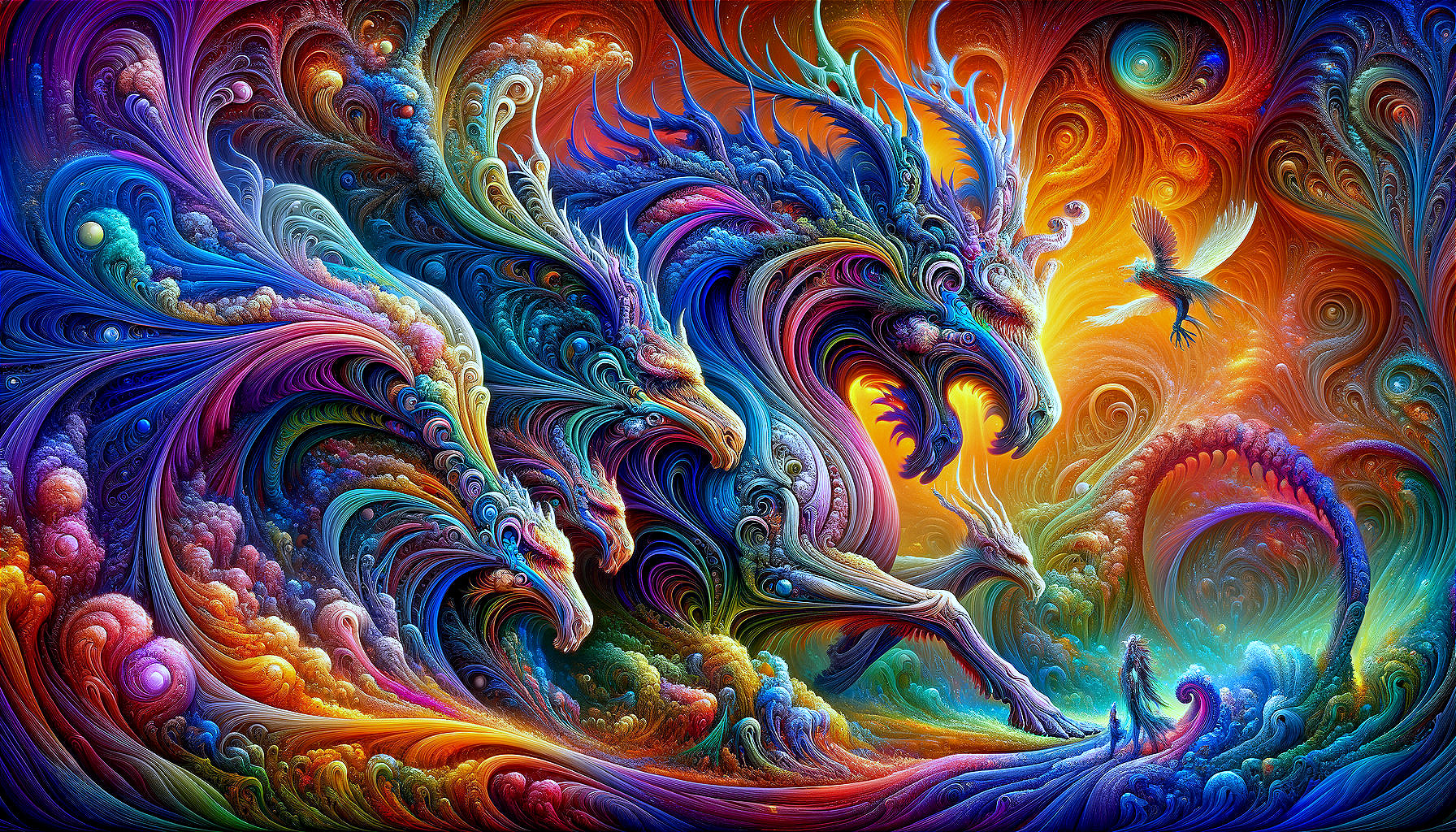 Surreal Landscape with Dragons and Vibrant Colors