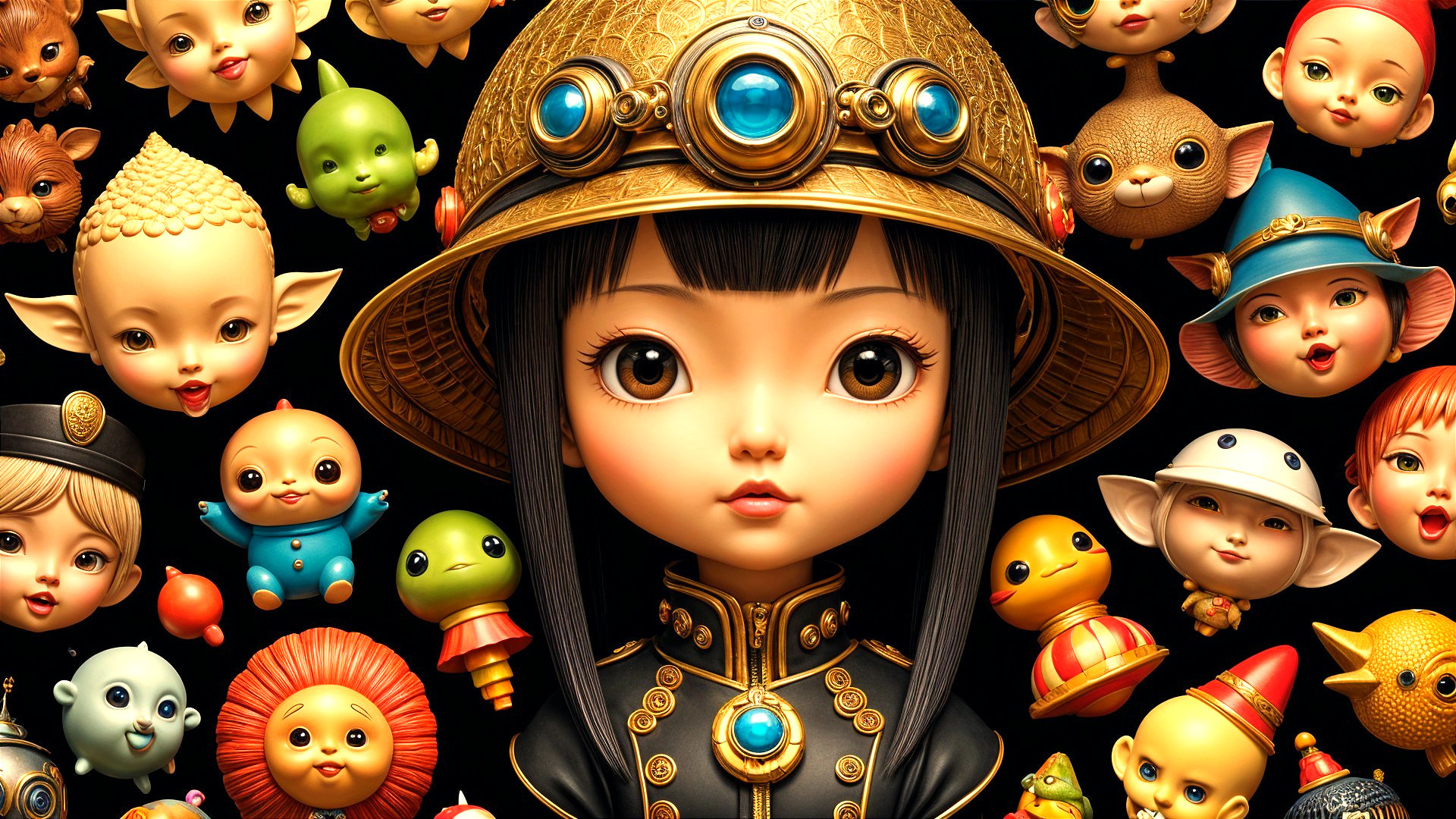 Stylized Doll Surrounded by Colorful Toys and Characters