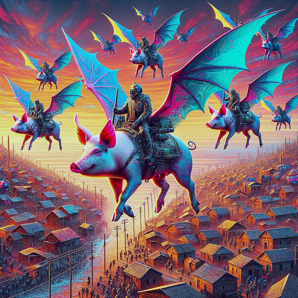 Armored Warriors Riding Flying Pigs Over Cityscape