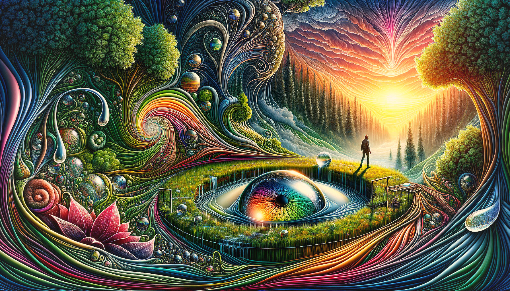 Surreal Landscape with Colorful Patterns and Flora