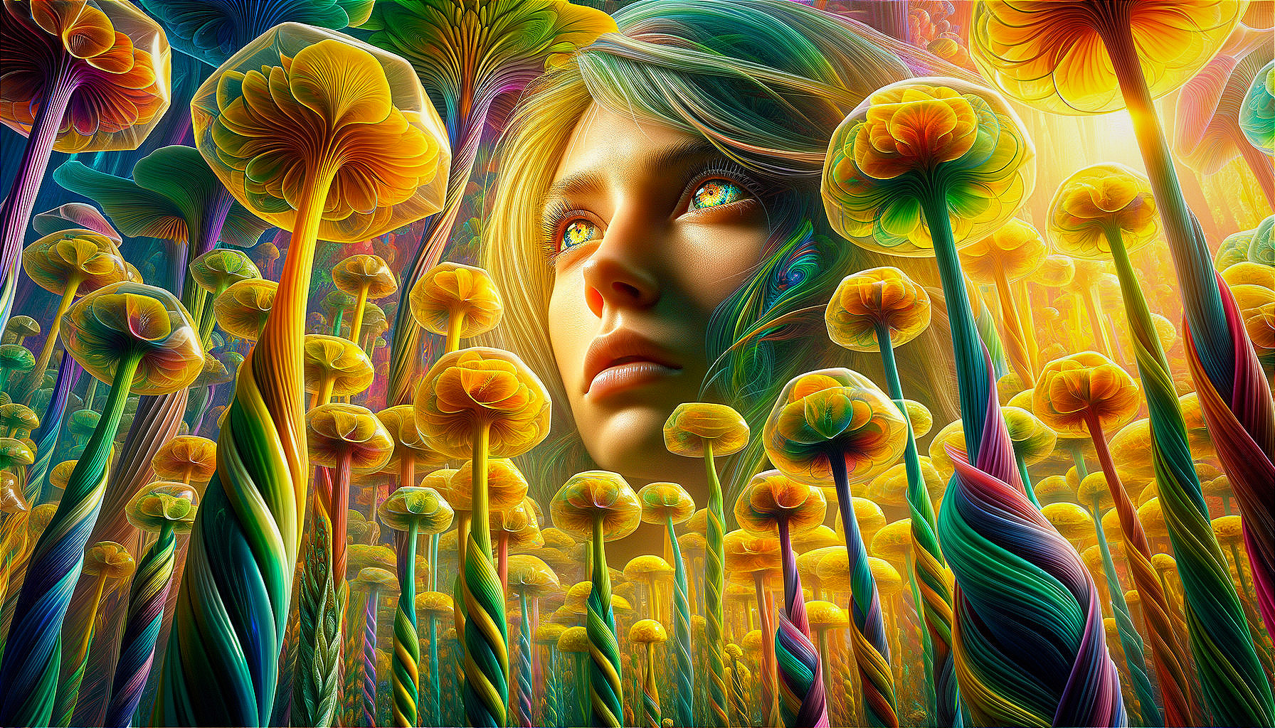 Surreal Landscape with Oversized Colorful Flowers