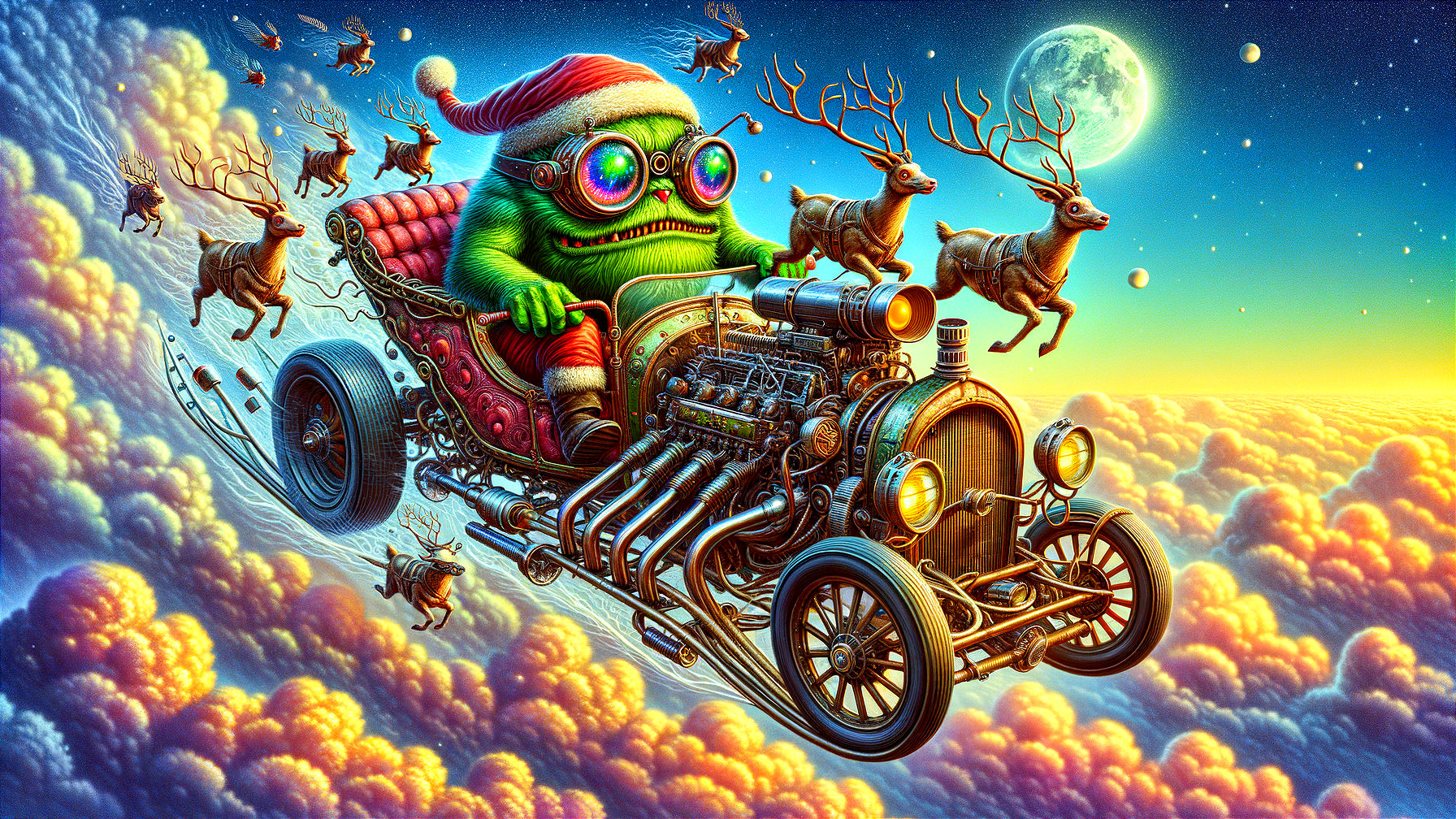 Whimsical Frog in Santa Hat Driving Vintage Car