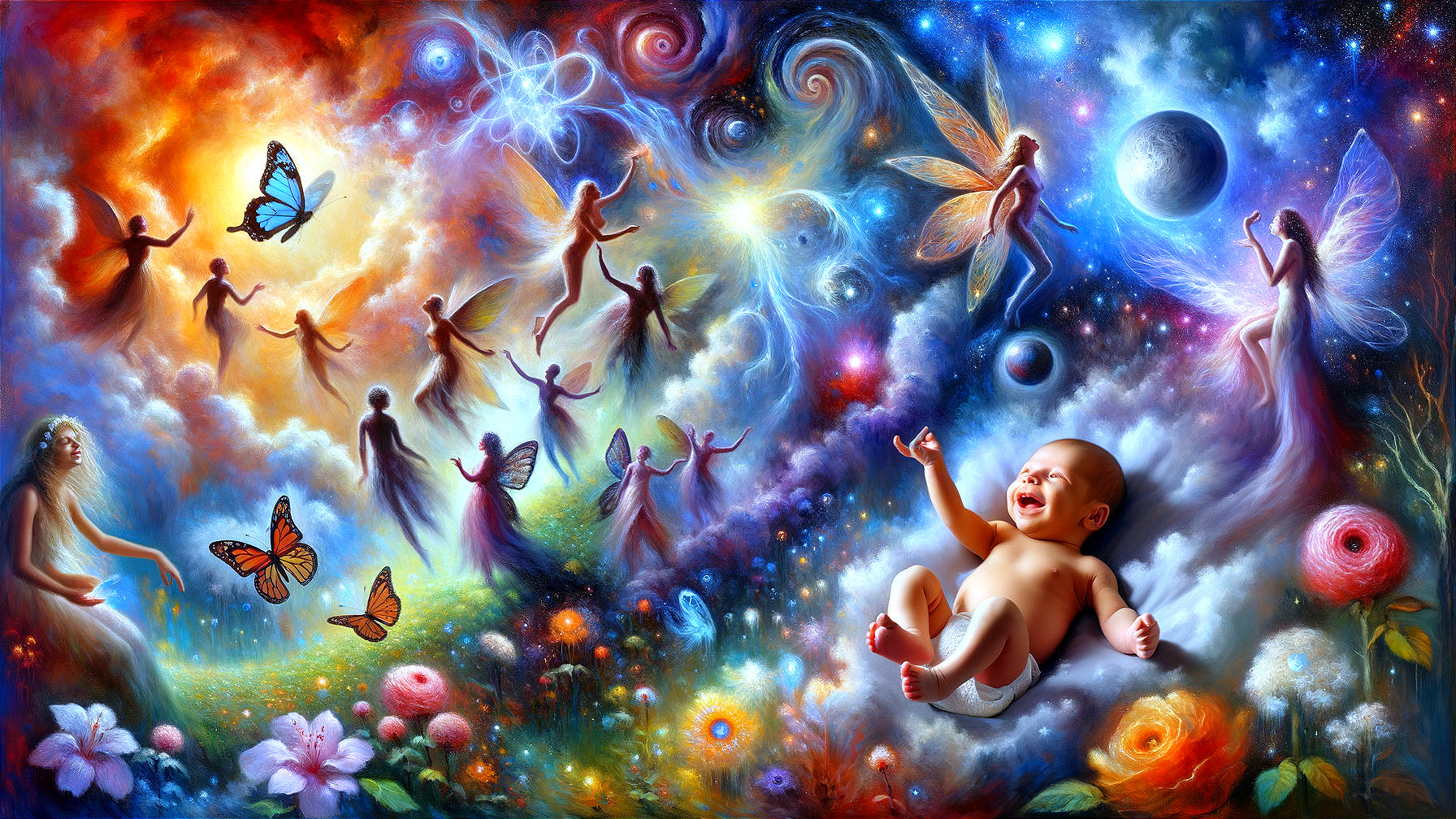 Vibrant Scene of Galaxies and Ethereal Beings
