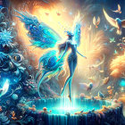 Fairy in Mystical Forest by Sparkling Fountain
