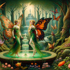 Fairy by Fountain in Vibrant Enchanted Forest