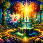Whimsical Fairy on Fountain in Enchanted Forest