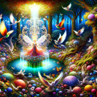 Fairy with Blue Wings by a Serene Pool and Flowers