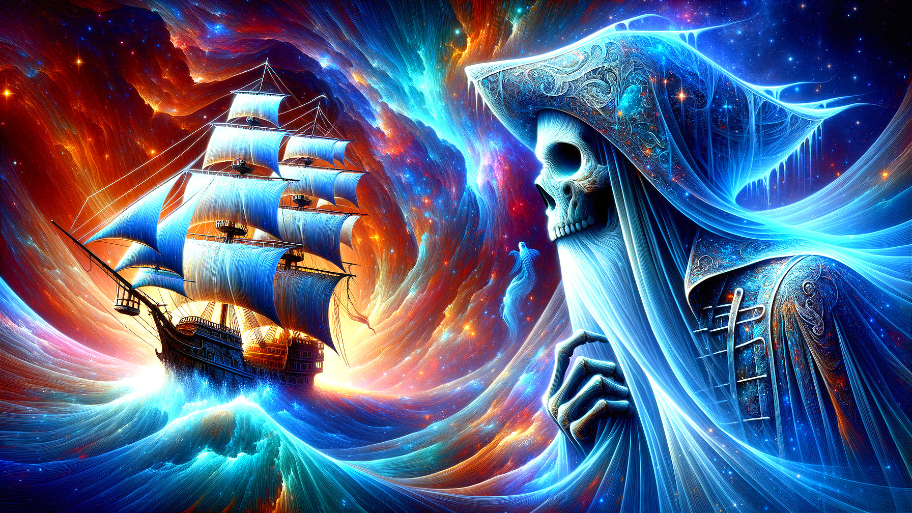Surreal Sailing Ship and Ghostly Figure in Cosmos