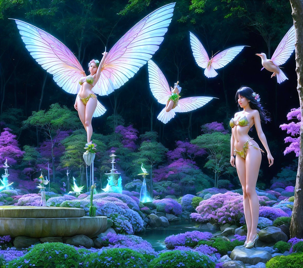 Magical forest scene with figures and butterfly wings