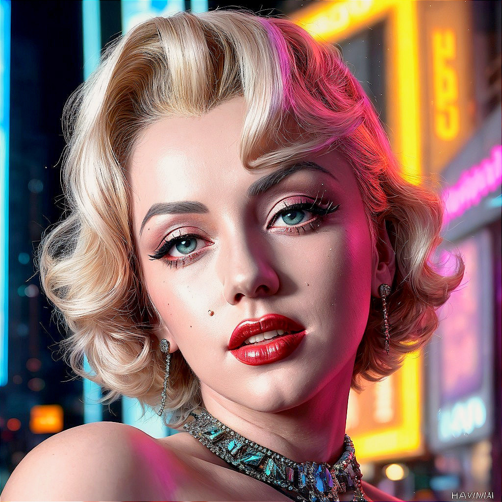 Vintage-inspired glamorous woman with red lips and bold eyelashes in neon-lit cityscape