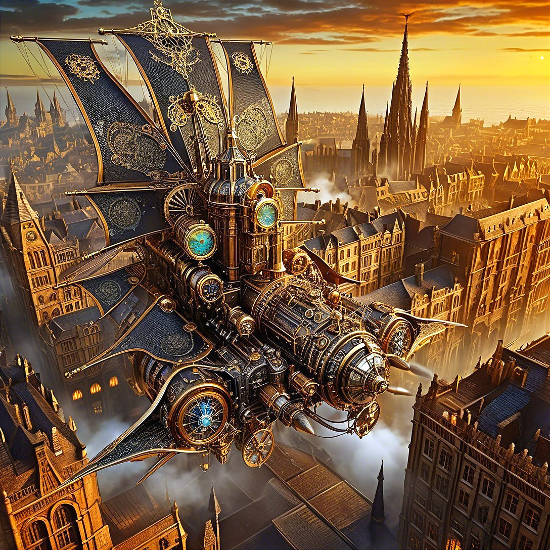 Steampunk Airship Over Gothic Cityscape in Sunlight