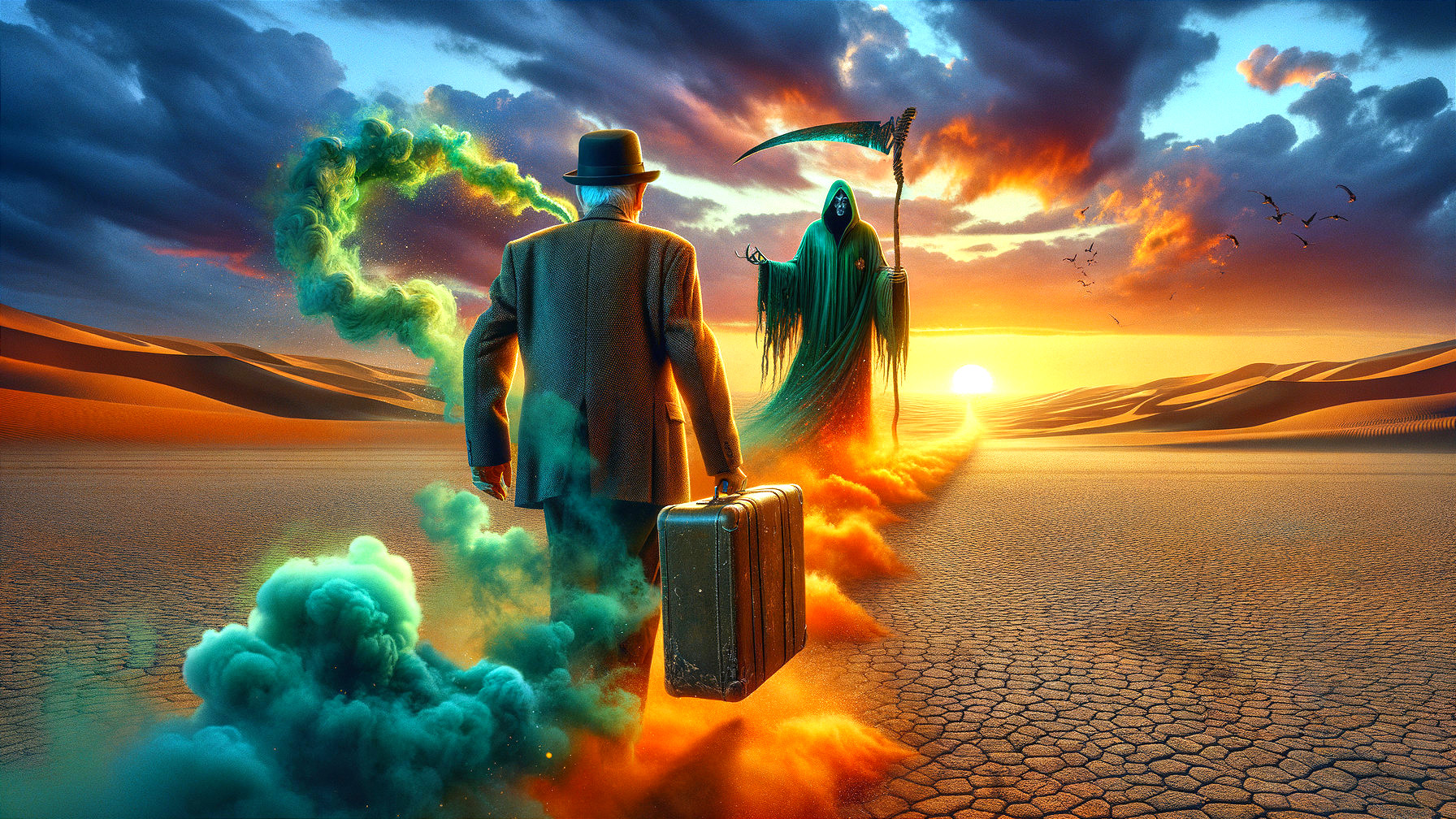 Man in Suit Approaching Sunset with Green Smoke and Death
