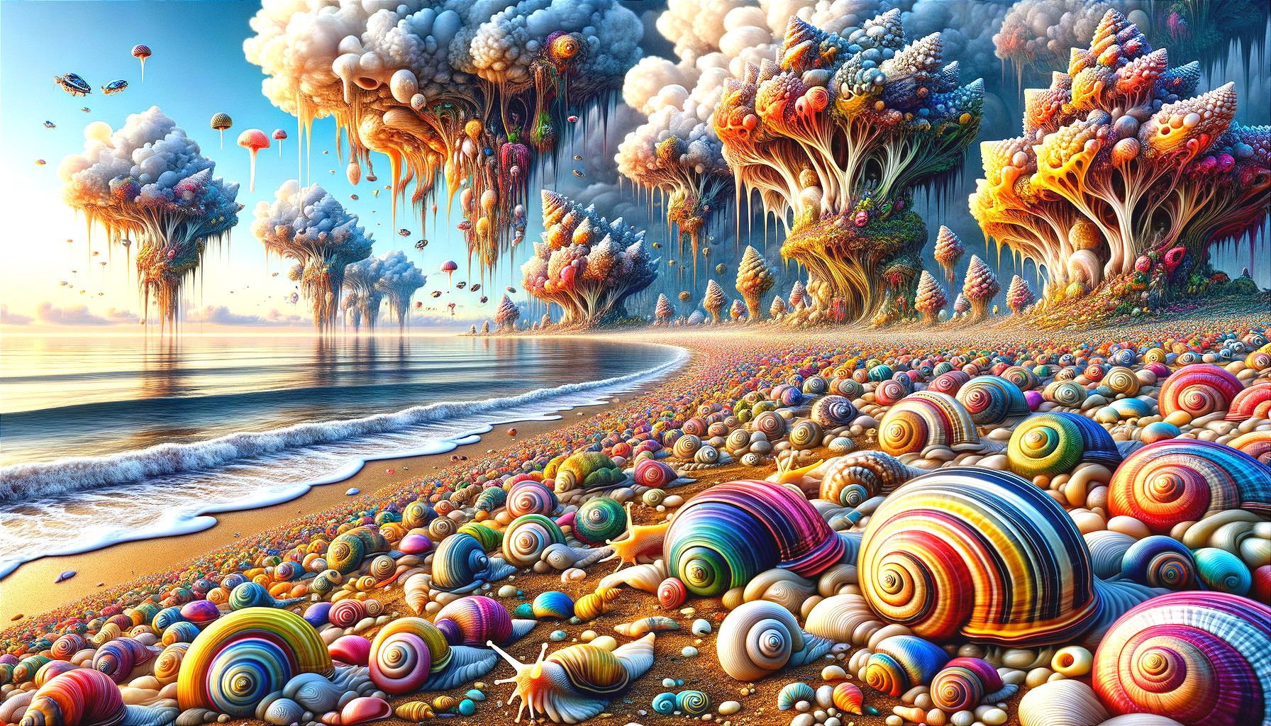 Surreal Beach Scene with Colorful Shells and Trees