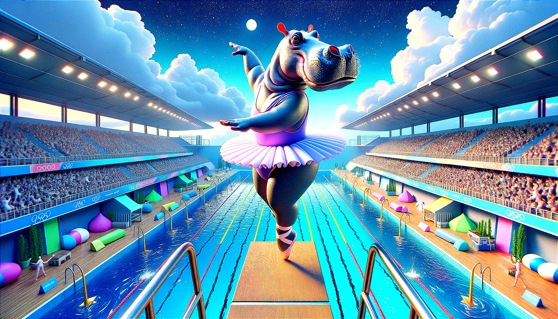 Hippo in Tutu on Diving Board at Night Stadium