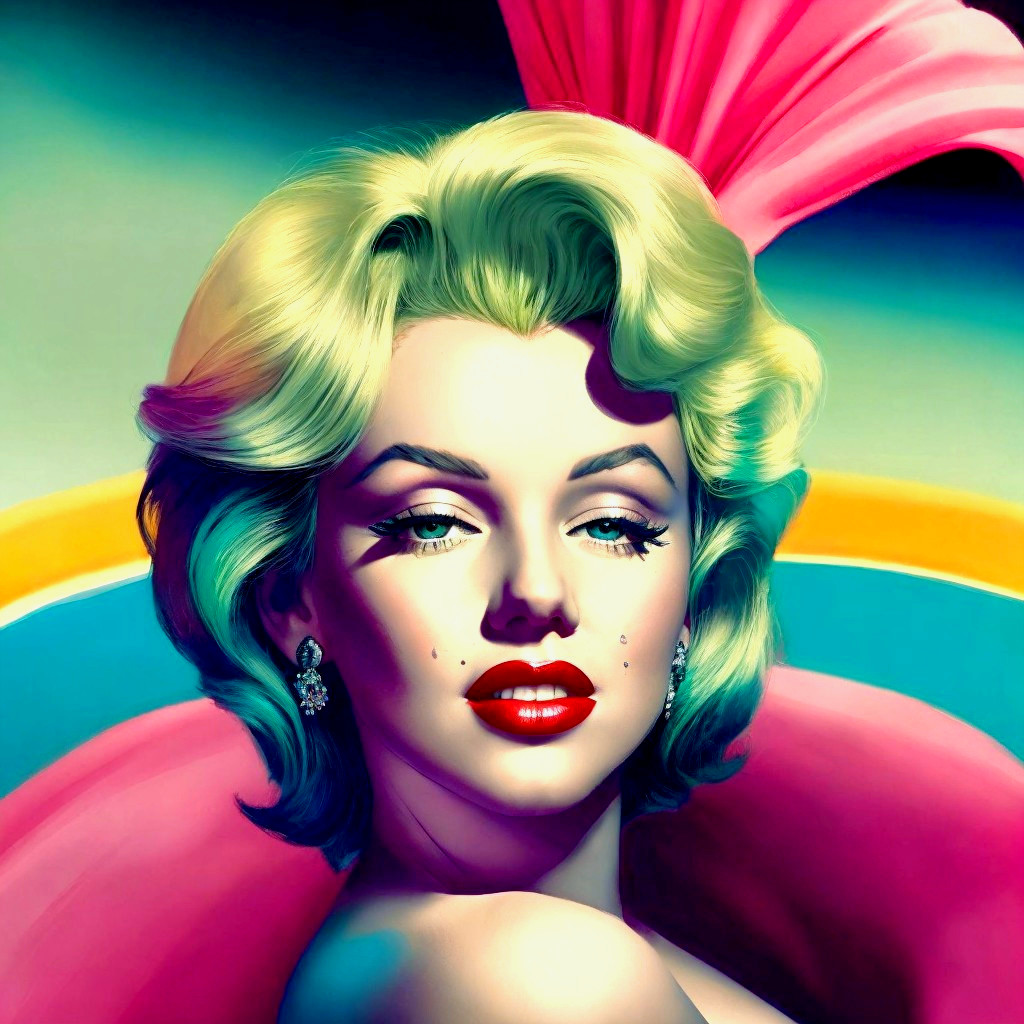 Vibrant portrait of woman with blonde hair and bold makeup on colorful backdrop