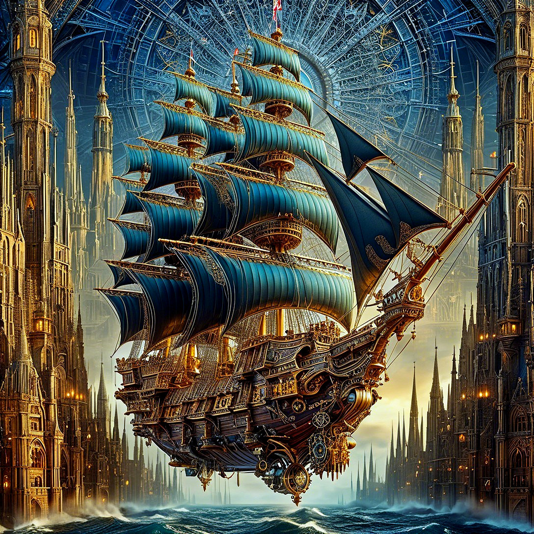 Intricately Designed Ship in a Mystical Sea Setting