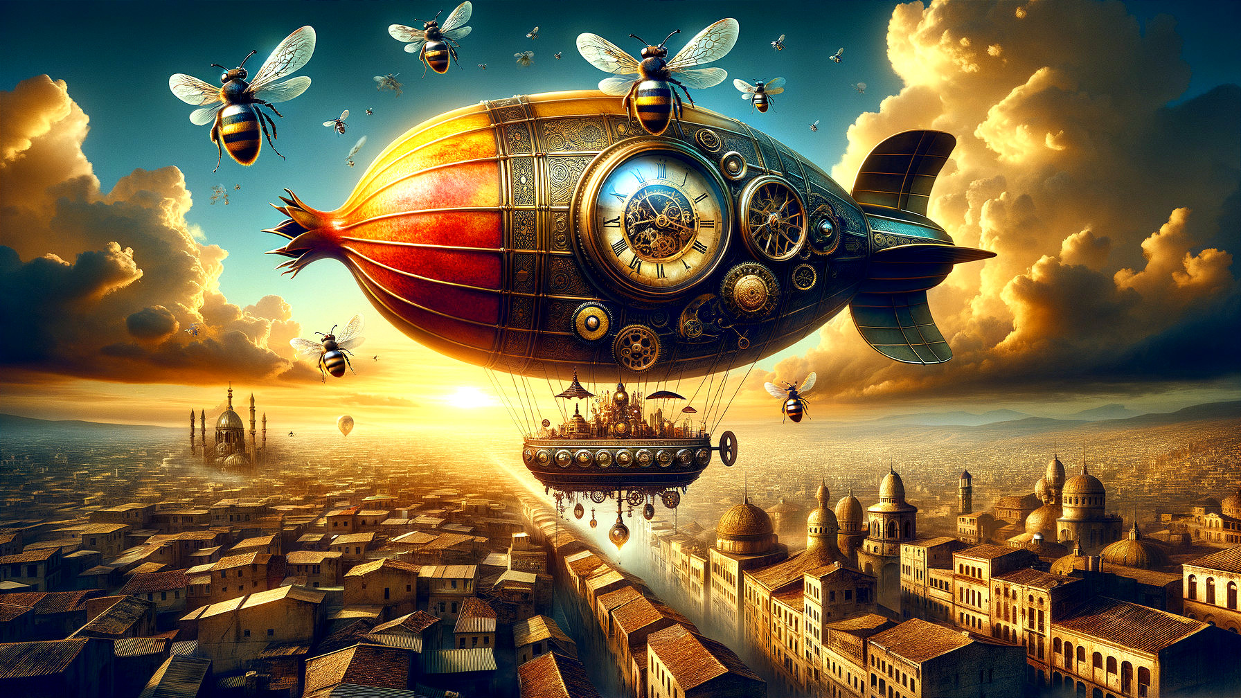 Whimsical Steampunk Airship Over Vibrant Cityscape