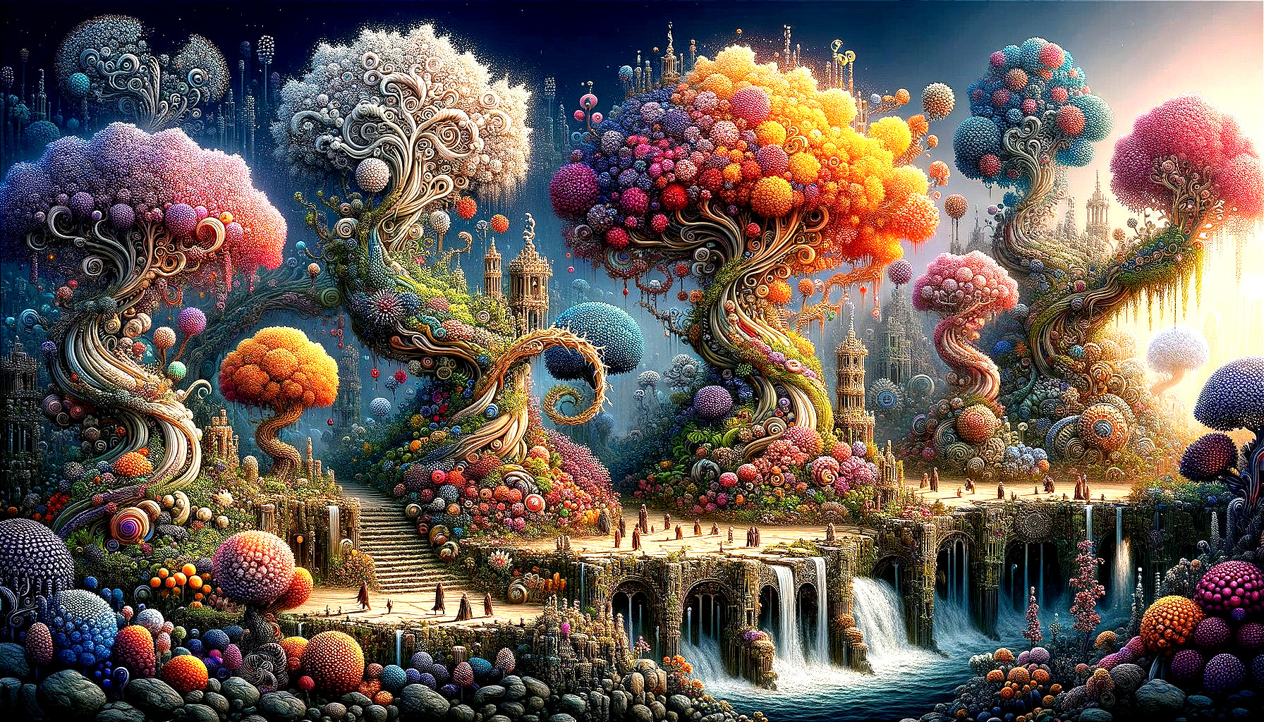 Whimsical Landscape with Colorful Trees and Waterfalls