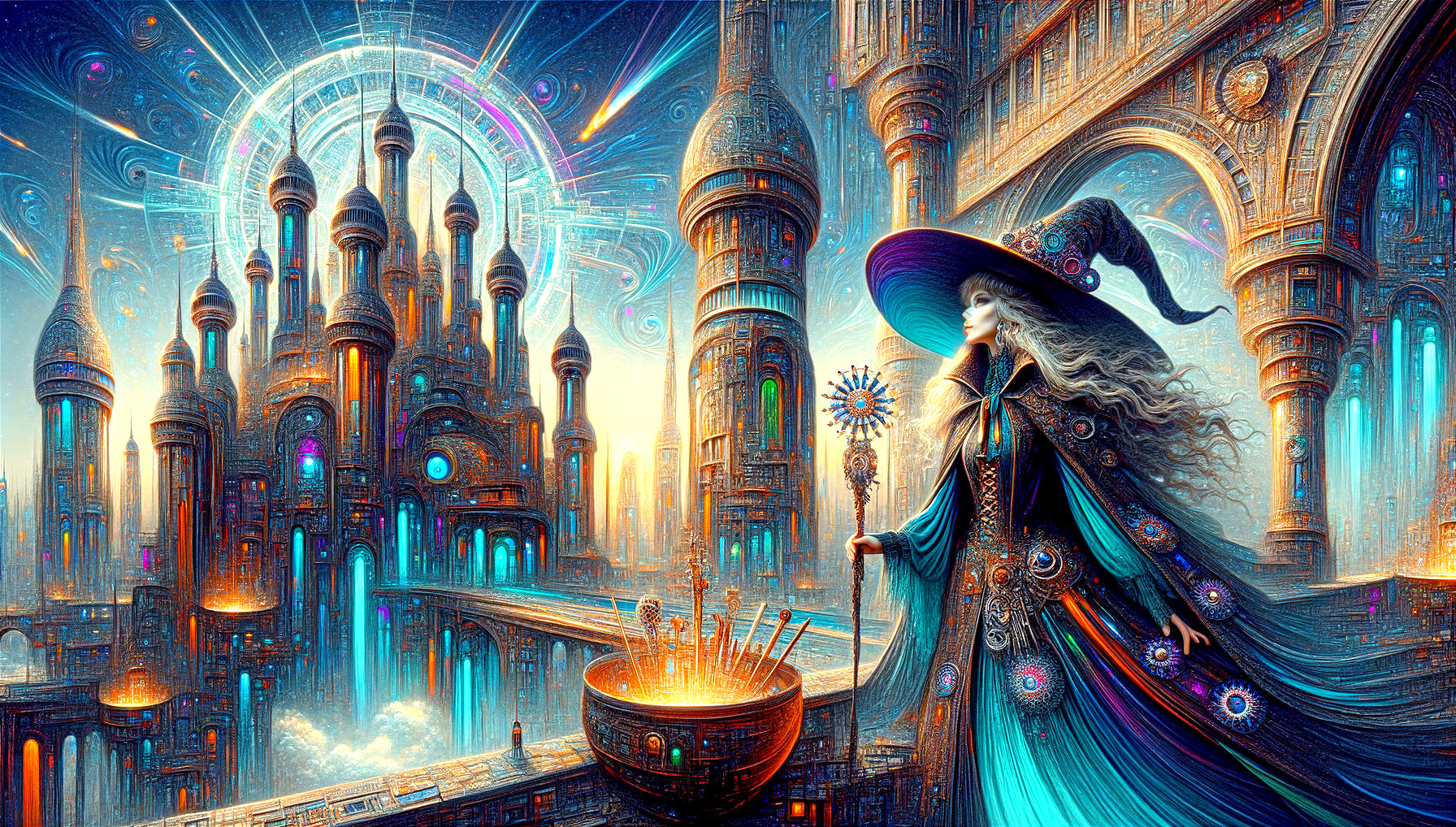 Sorceress on Balcony Overlooking Enchanted City