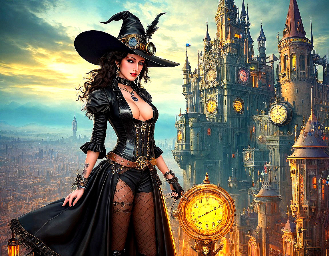 Witch in Black Outfit Against Steampunk City Sunset