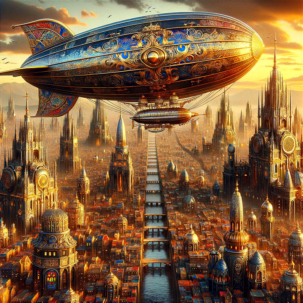 Steampunk Cityscape with Airship and Golden Sky