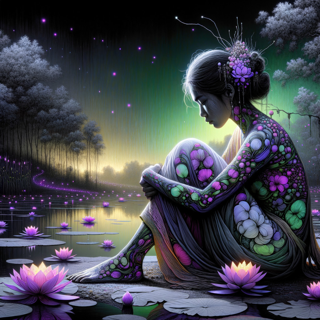 Serene figure by tranquil pond with water lilies