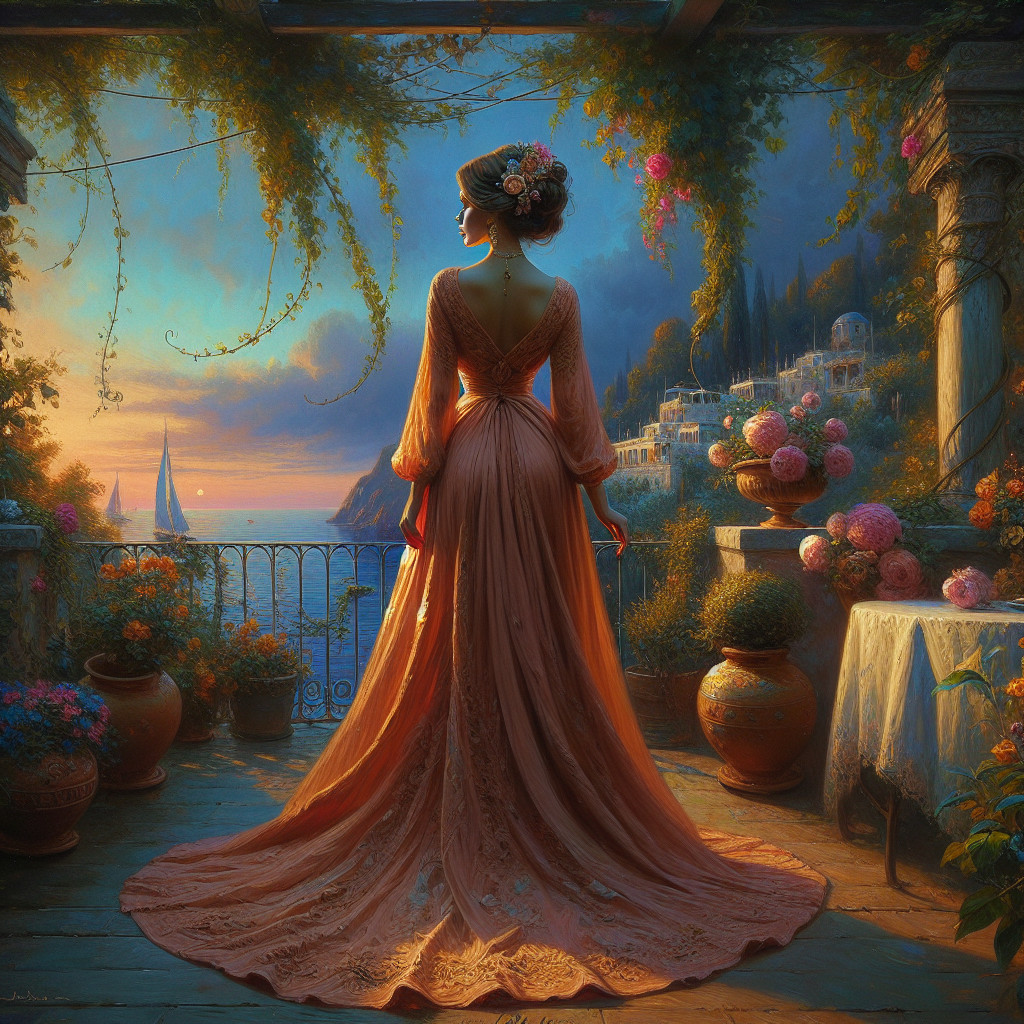 Woman in Elegant Gown on Balcony at Sunset Seascape