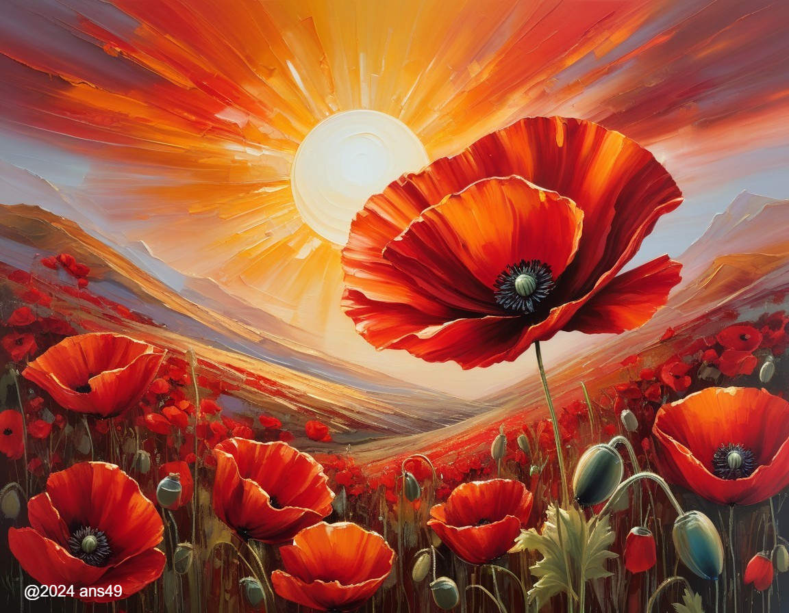 Vibrant Landscape with Red Poppies and Sunrise Sky