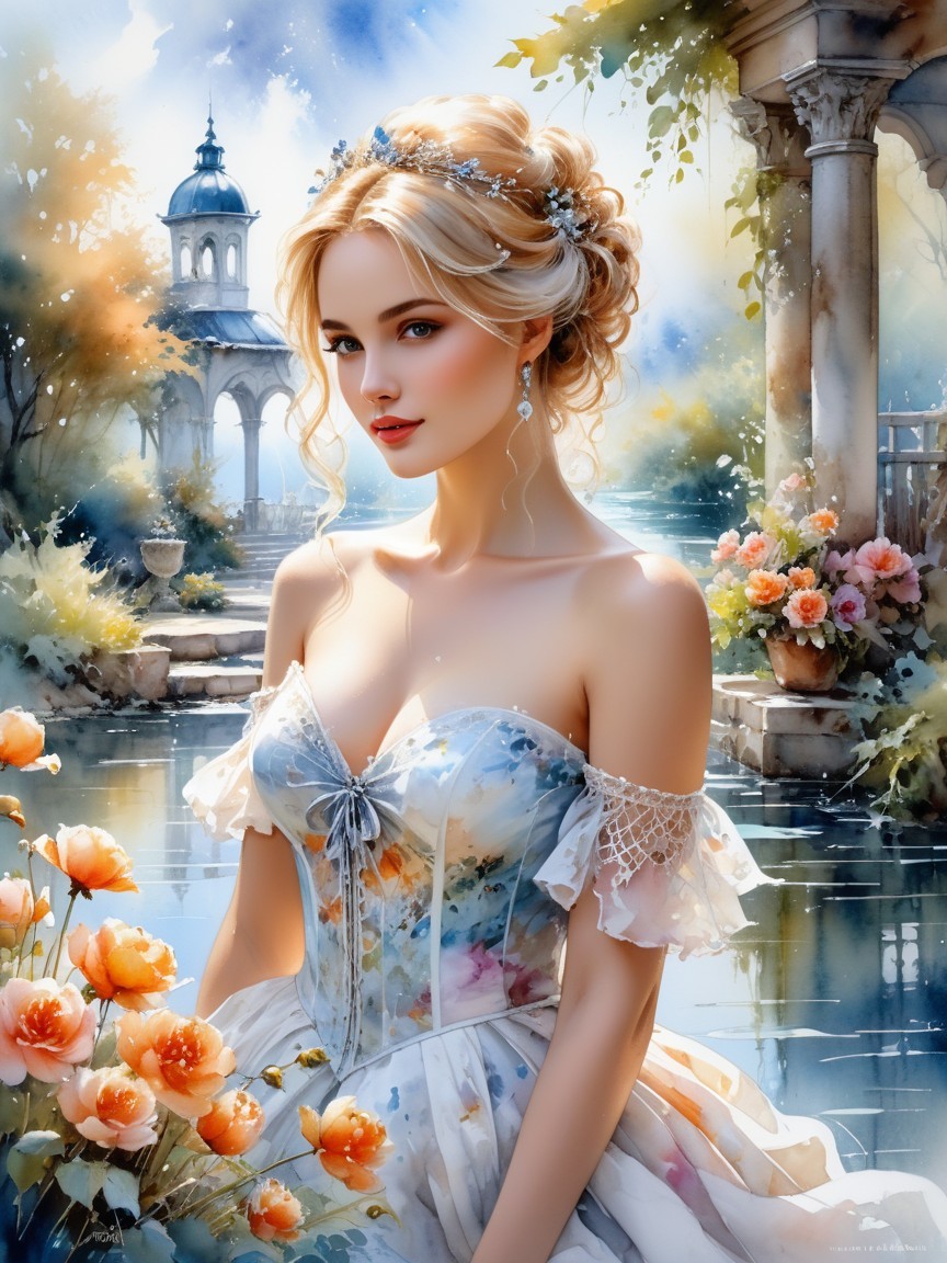 Young Woman in Floral Gown by Tranquil Waterway