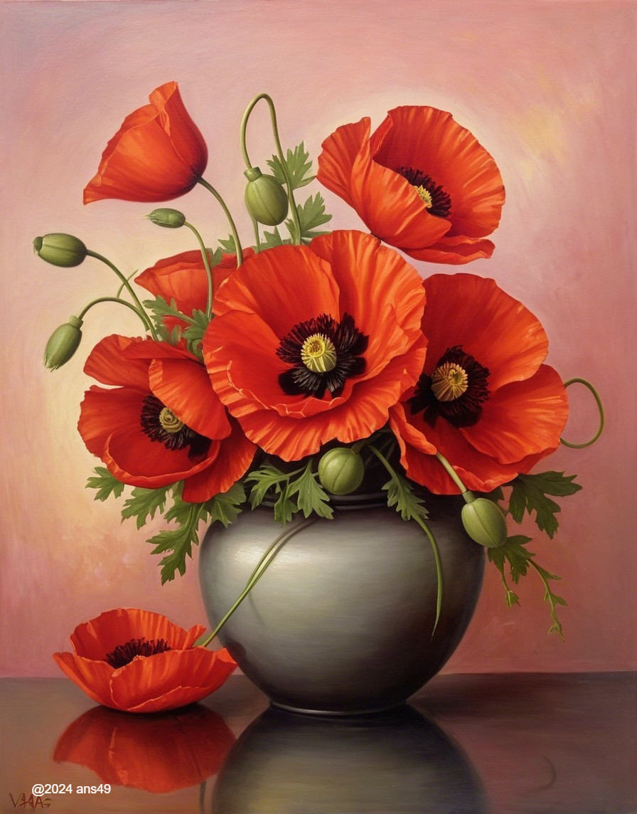 Vibrant Orange Poppies in Silver Vase on Pink Background