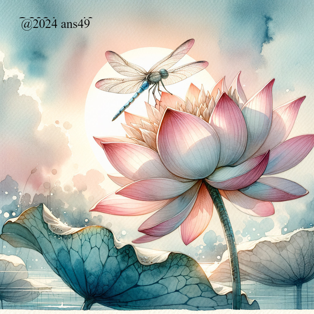 Watercolor Illustration of a Lotus Flower and Dragonfly