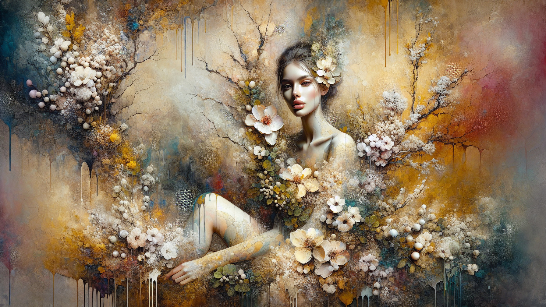 Serene Figure Entwined with Flowers and Branches