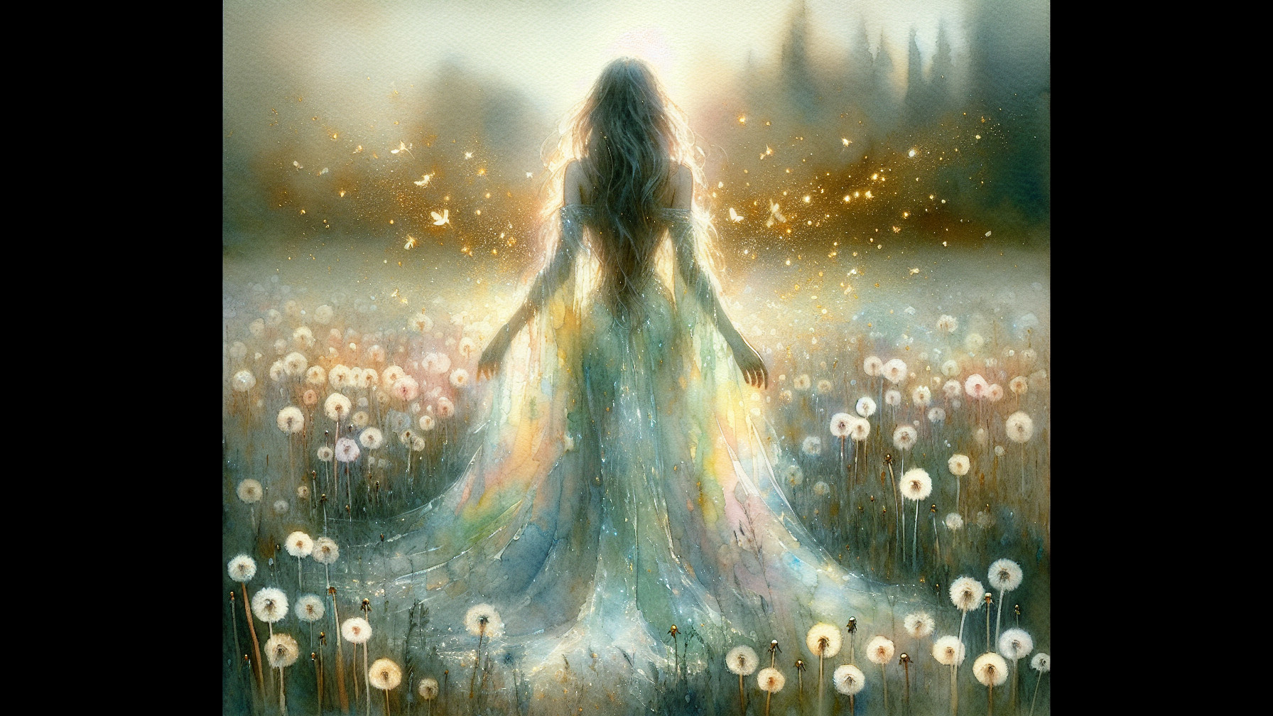 Serene figure in iridescent gown among dandelions