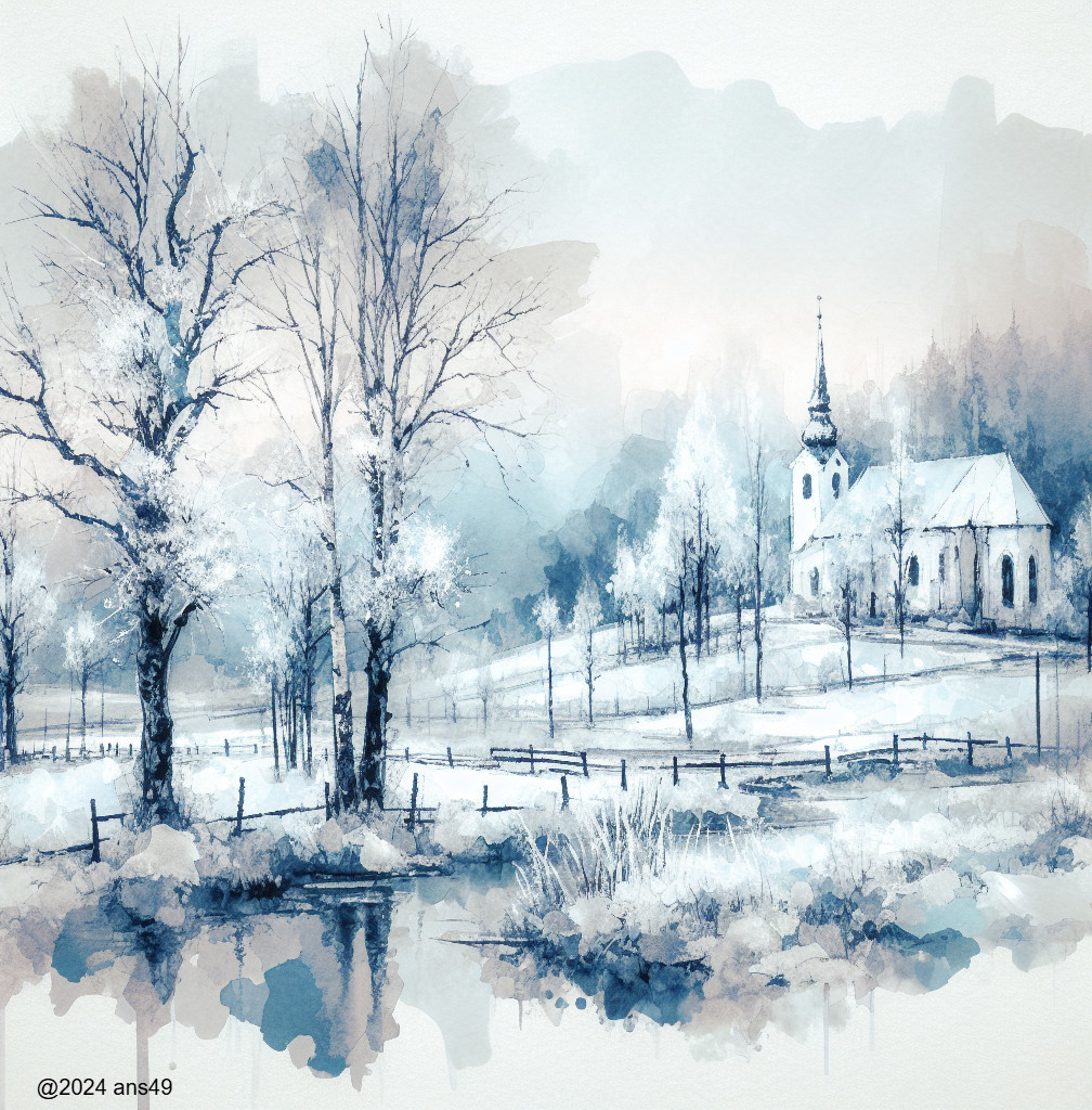 Serene Winter Landscape with Church and Frosted Trees