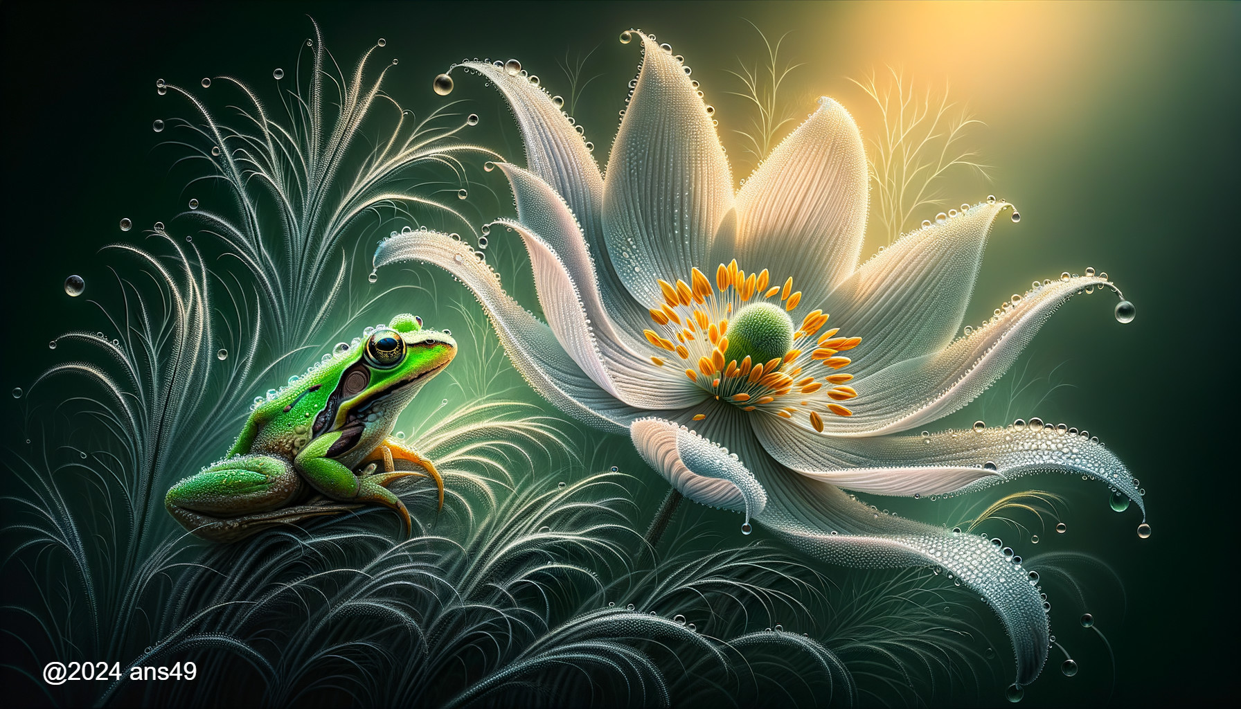 Green Frog Beside Ethereal White Flower with Water Droplets