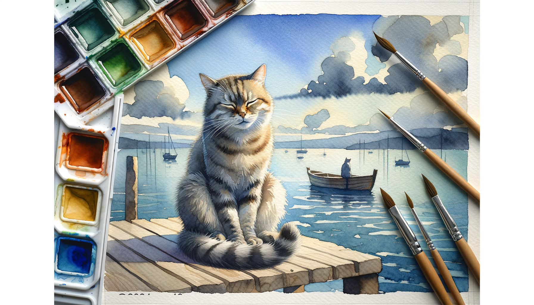 Watercolor Scene of Cat on Dock with Calm Waters