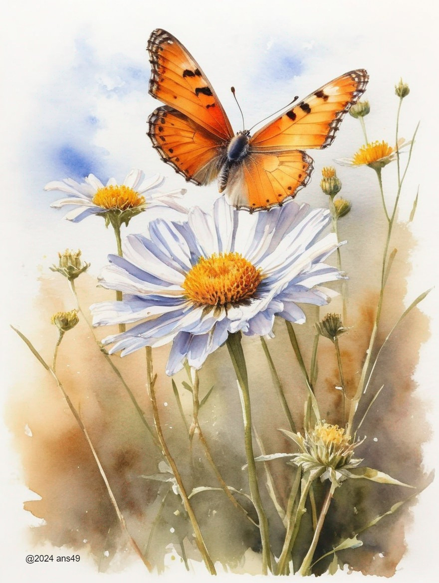 Vibrant Orange Butterfly Over White Daisies in Garden