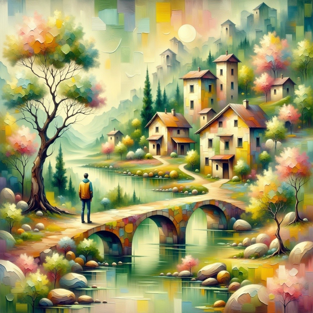 Quaint Village Landscape with Lush Greenery and Stream
