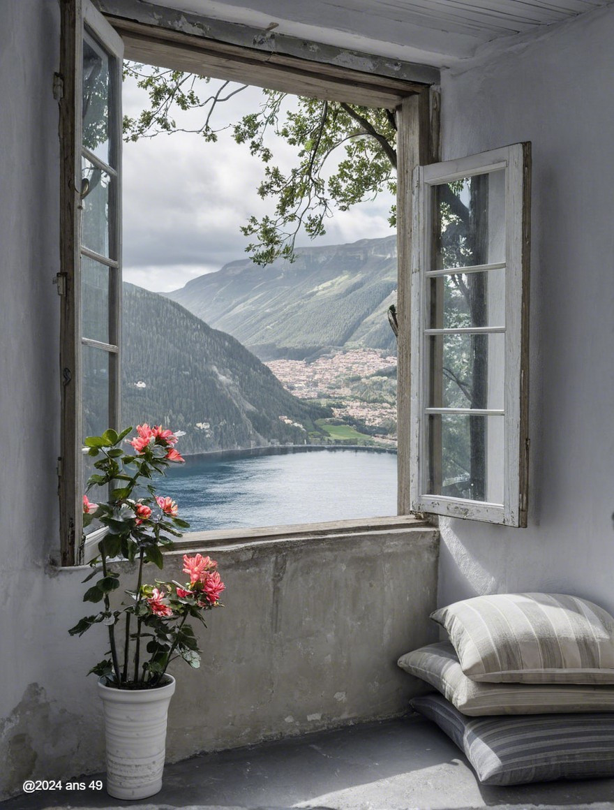Rustic Window View of Mountains and Tranquil Lake