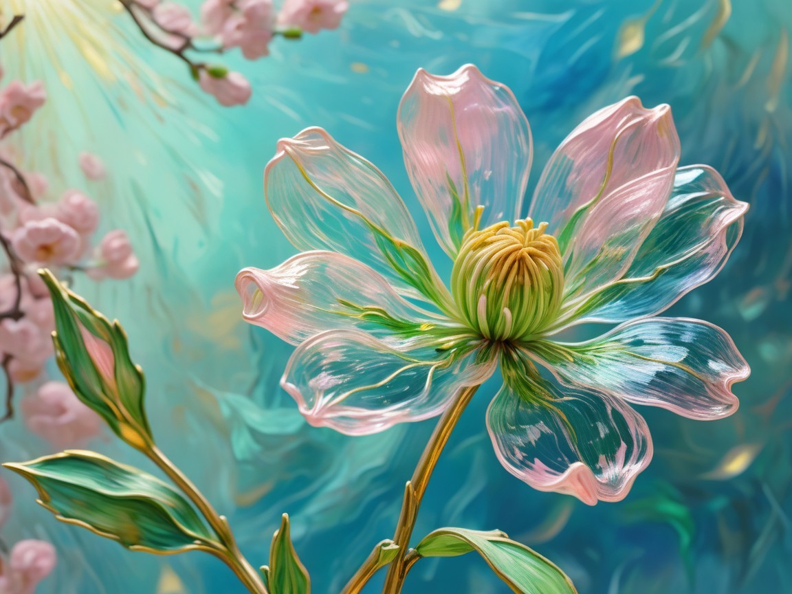 Translucent Flower with Shimmering Petals and Foliage