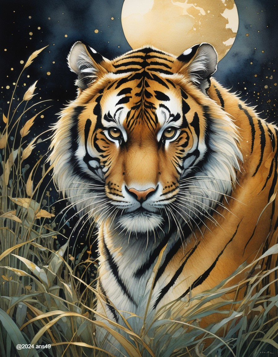 Tiger under Full Moon in Serene Night Setting