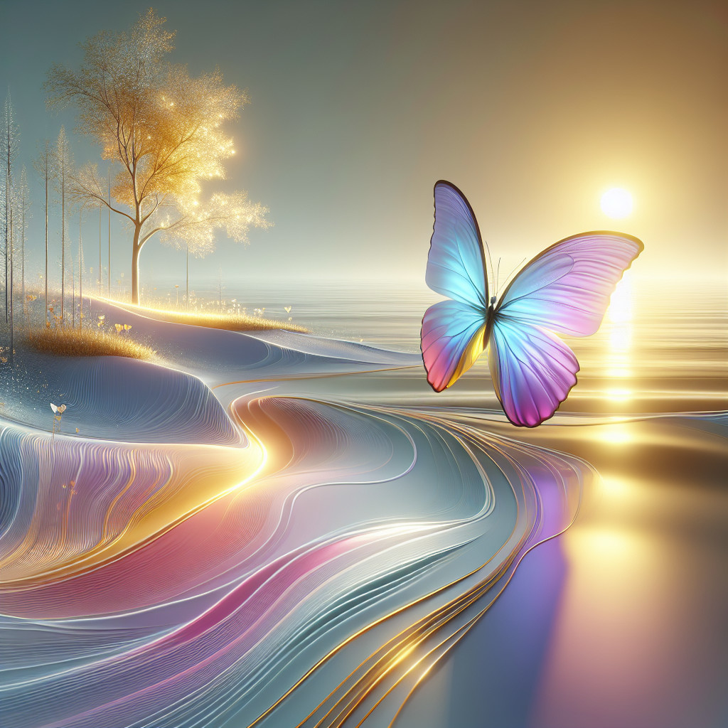 Serene landscape with river and vibrant butterfly
