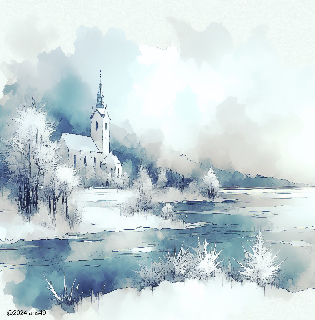 Serene Winter Landscape with Church and Snowy Hills